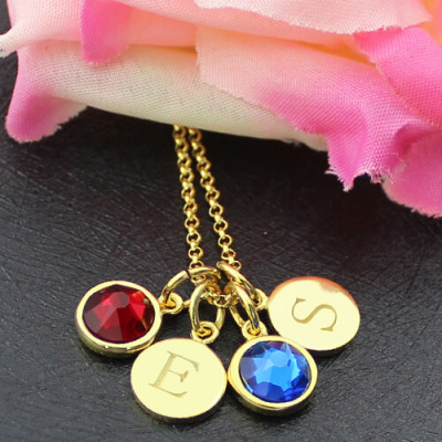 Custom Double Discs Initial Personalised Necklace with Birthstones In Gold  - AMAZINGNECKLACE.COM