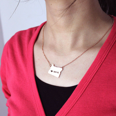 Custom Oregon State USA Map Personalised Necklace With Heart  Name Rose Gold - AMAZINGNECKLACE.COM