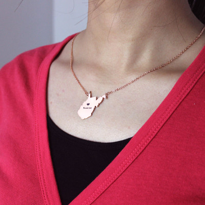 West Virginia State Shaped Personalised Necklaces With Heart  Name Rose Gold - AMAZINGNECKLACE.COM