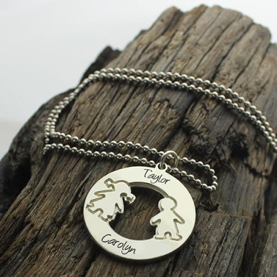 Circle Personalised Necklace With Engraved Children Name Charms Sterling Silver - AMAZINGNECKLACE.COM