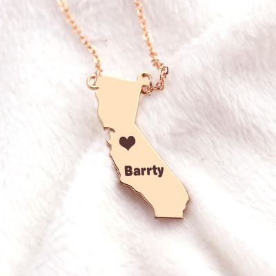 California State Shaped Personalised Necklaces With Heart  Name 18ct Rose Gold Plated - AMAZINGNECKLACE.COM