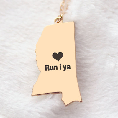 Mississippi State Shaped Personalised Necklaces With Heart  Name Rose Gold - AMAZINGNECKLACE.COM