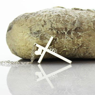 Personalised Silver Cross Name Necklace with Heart - AMAZINGNECKLACE.COM