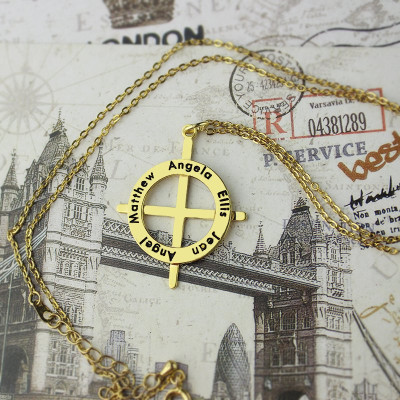 Gold Plated Silver Latin Style Circle Cross Personalised Necklace with Any Names - AMAZINGNECKLACE.COM