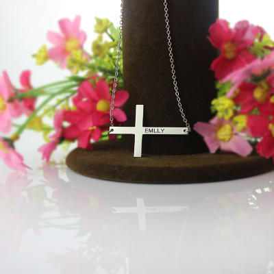 Silver Latin Cross Personalised Necklace Engraved Name 1.25" - AMAZINGNECKLACE.COM