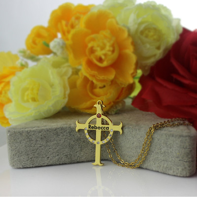 Circle Cross Personalised Necklaces with Birthstone  Name 18ct Gold Plated Silver  - AMAZINGNECKLACE.COM