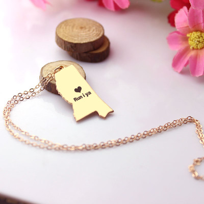 Mississippi State Shaped Personalised Necklaces With Heart  Name Rose Gold - AMAZINGNECKLACE.COM