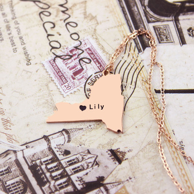 Personalised NY State Shaped Necklaces With Heart  Name Rose Gold - AMAZINGNECKLACE.COM