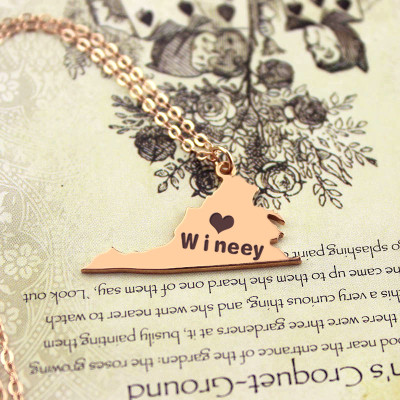 Virginia State USA Map Personalised Necklace With Heart  Name Rose Gold - AMAZINGNECKLACE.COM