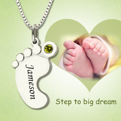 Personalised Mothers Baby Feet Necklace with birthstone  Name  - AMAZINGNECKLACE.COM