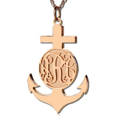 Rose Gold Anchor Cross Monogram Initial Pendant - AMAZINGNECKLACE.COM
