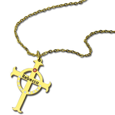 Circle Cross Personalised Necklaces with Birthstone  Name 18ct Gold Plated Silver  - AMAZINGNECKLACE.COM