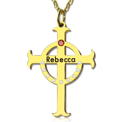 Circle Cross Personalised Necklaces with Birthstone  Name 18ct Gold Plated Silver  - AMAZINGNECKLACE.COM