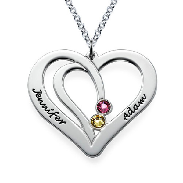 Engraved Couples Birthstone Personalised Necklace in Silver  - AMAZINGNECKLACE.COM