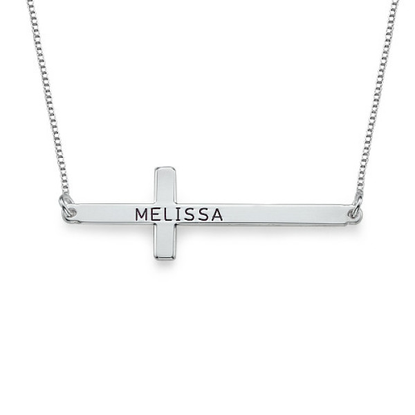 Engraved Silver Sideways Cross Personalised Necklace - AMAZINGNECKLACE.COM