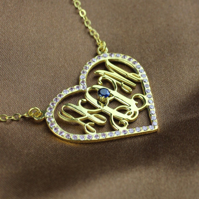 Birthstone Heart Monogram Personalised Necklace 18ct Gold Plated  - AMAZINGNECKLACE.COM