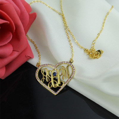 Birthstone Heart Monogram Personalised Necklace 18ct Gold Plated  - AMAZINGNECKLACE.COM