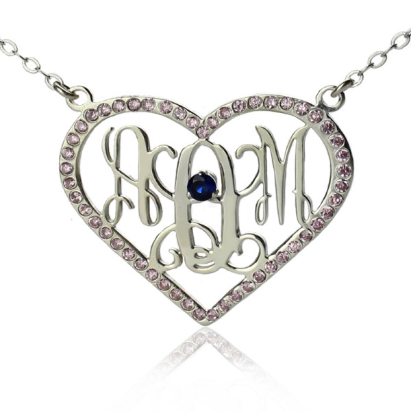Sterling Silver Heart Birthstone Monogram Personalised Necklace  - AMAZINGNECKLACE.COM