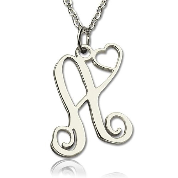 One Initial Monogram With Heart Personalised Necklace Silver - AMAZINGNECKLACE.COM