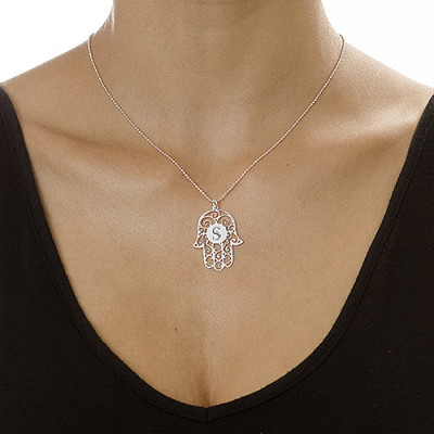 Silver Personalised Initial Hamsa Necklace - AMAZINGNECKLACE.COM