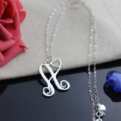 One Initial Monogram With Heart Personalised Necklace Silver - AMAZINGNECKLACE.COM