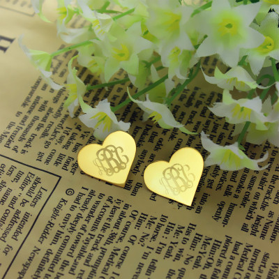Heart Monogram Personalised Earrings Studs Cusotm Solid 18ct Gold - AMAZINGNECKLACE.COM