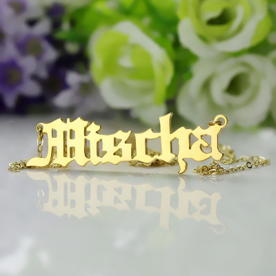 Mischa Barton Old English Font Name Personalised Necklace 18ct Gold Plated - AMAZINGNECKLACE.COM