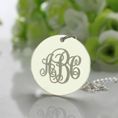 Solid White Gold Vine Font Disc Engraved Monogram Personalised Necklace - AMAZINGNECKLACE.COM