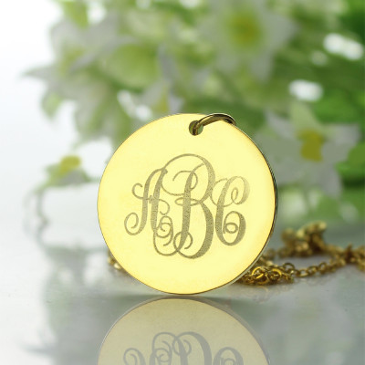 18ct Gold Plated Vine Font Disc Engraved Monogram Personalised Necklace - AMAZINGNECKLACE.COM