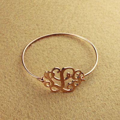 Rose Gold Monogram Initial Bangle Personalised Bracelet 1.25 Inch - AMAZINGNECKLACE.COM