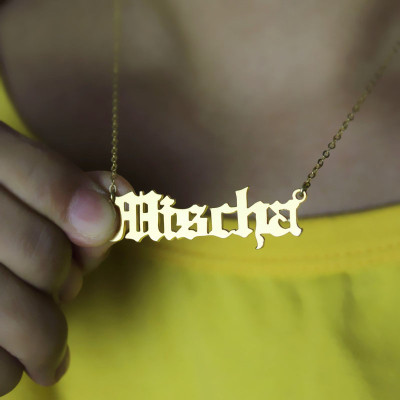 Mischa Barton Old English Font Name Personalised Necklace 18ct Gold Plated - AMAZINGNECKLACE.COM