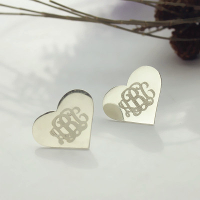 Heart Monogram Personalised Earrings Studs Cusotm 18ct White Gold Plated - AMAZINGNECKLACE.COM