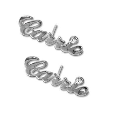 Sterling Silver Name Stud EarPersonalised Ring with Crystal (PAIR) - AMAZINGNECKLACE.COM