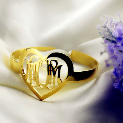 Personal Gold Plated Silver 3 Initials Monogram Personalised Bracelets With Heart - AMAZINGNECKLACE.COM