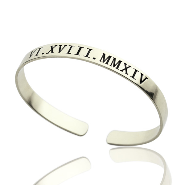 Personalised Roman Numeral Date Cuff Bracelet Sterling Silver - AMAZINGNECKLACE.COM