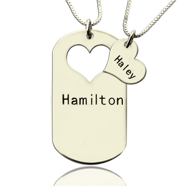 Couples Name Dog Tag Personalised Necklace Set with Cut Out Heart - AMAZINGNECKLACE.COM