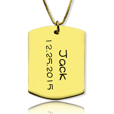 ID Dog Tag Bar Pendant with Name and Birth Date Gold Plated Silver - AMAZINGNECKLACE.COM