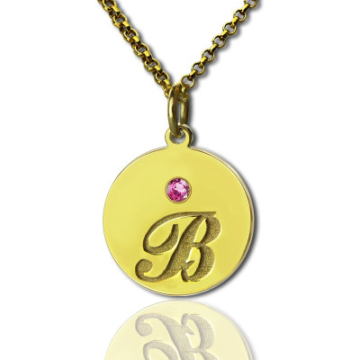 Engraved Initial  Birthstone Disc Charm Personalised Necklace 18ct Gold Plated  - AMAZINGNECKLACE.COM