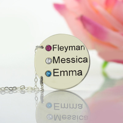 Disc Personalised Necklace With Names  Birthstones Silver  - AMAZINGNECKLACE.COM