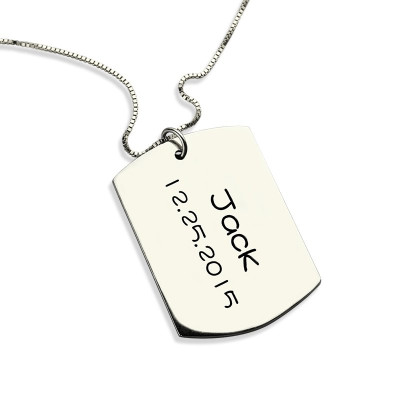 Personalised ID Dog Tag Bar Pendant with Name and Birth Date Silver - AMAZINGNECKLACE.COM