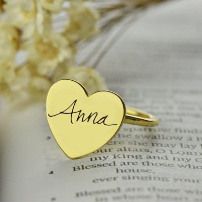 Gold Heart Signet Personalised Ring With Your Signature - AMAZINGNECKLACE.COM