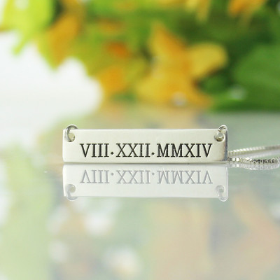 Custom Roman Numeral Bar Personalised Necklace Sterling Silver - AMAZINGNECKLACE.COM