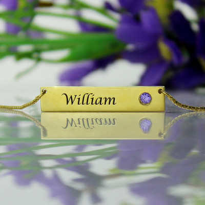 Name Bar Personalised Necklace with Birthstone 18ct Gold Plated  - AMAZINGNECKLACE.COM