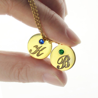 Engraved Initial  Birthstone Disc Charm Personalised Necklace 18ct Gold Plated  - AMAZINGNECKLACE.COM