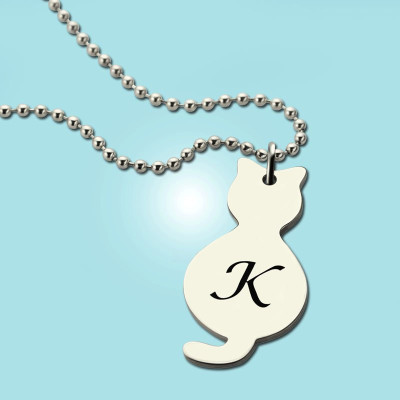 Personalised Tiny Cat Initial Pendant Necklace Silver - AMAZINGNECKLACE.COM