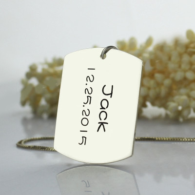 Personalised ID Dog Tag Bar Pendant with Name and Birth Date Silver - AMAZINGNECKLACE.COM