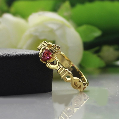 Ladies Modern Claddagh Personalised Rings With Birthstone  Name Gold Plated  - AMAZINGNECKLACE.COM