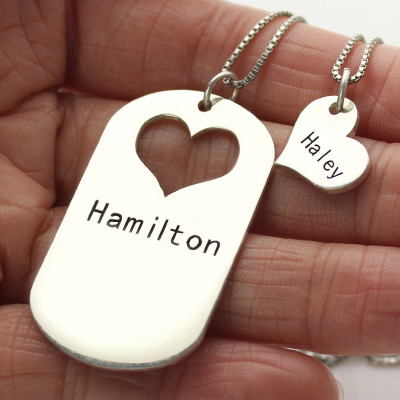 Couples Name Dog Tag Personalised Necklace Set with Cut Out Heart - AMAZINGNECKLACE.COM