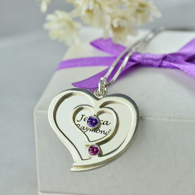 Personalised Couples Birthstone Heart Name Necklace  - AMAZINGNECKLACE.COM
