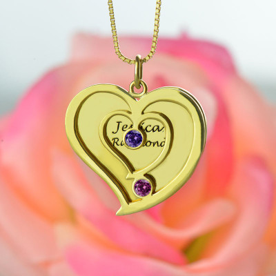 His  Her Birthstone Heart Name Personalised Necklace 18ct Gold Plated  - AMAZINGNECKLACE.COM